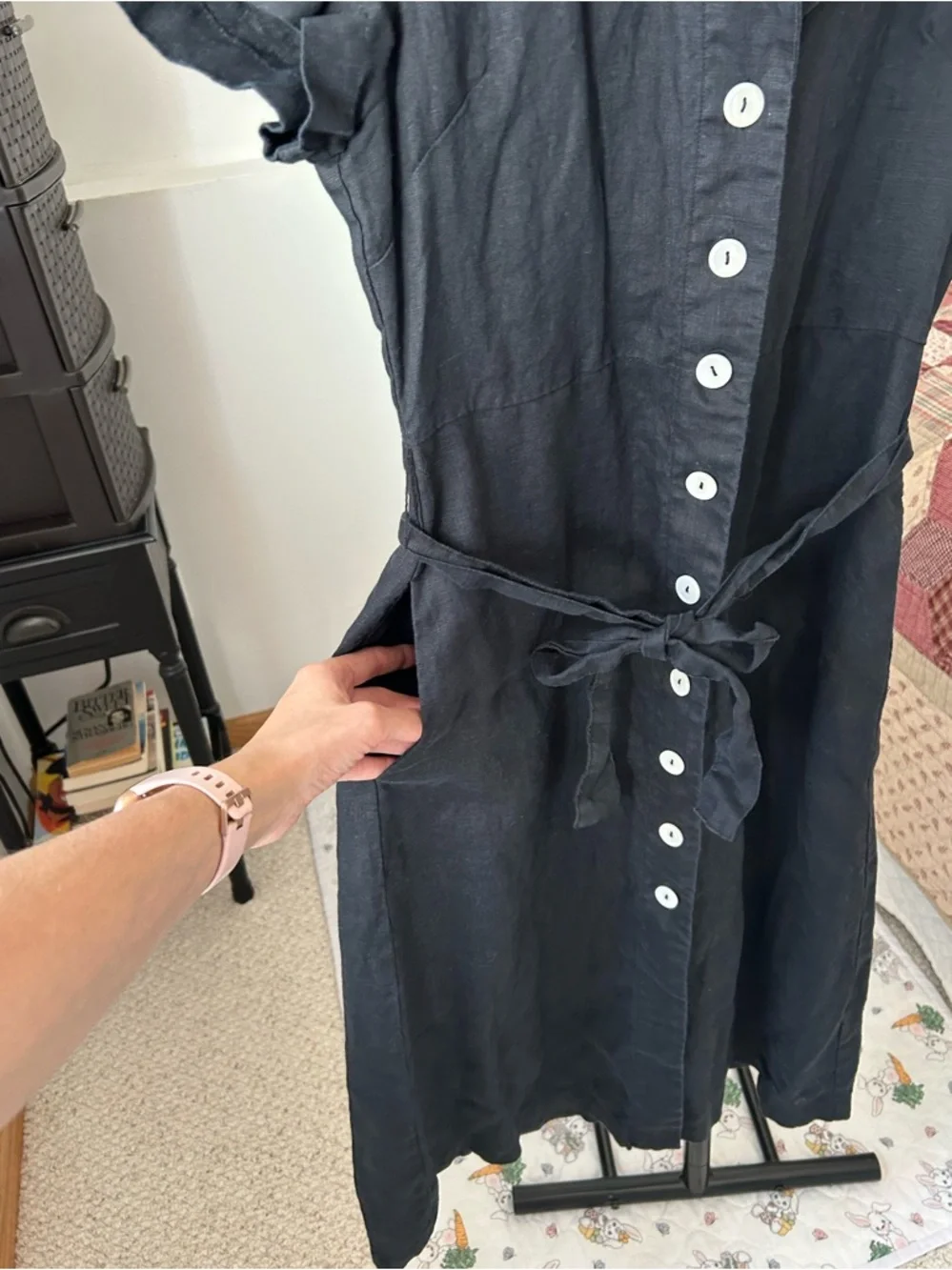 Quince 100% Linen Button Front Short Sleeve Midi Dress Black